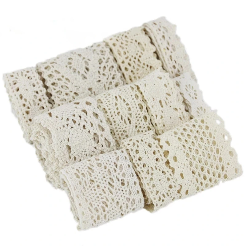 (5 metros/rollo) Cinta de encaje de algodón bordado en blanco y beige, tela de encaje, material para manualidades de costura DIY, encaje blanco