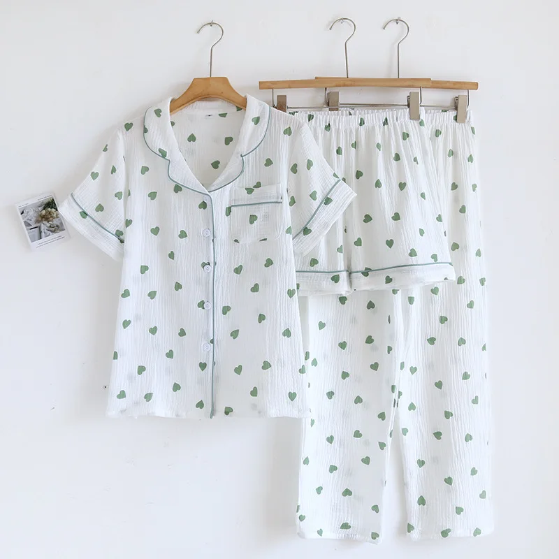 

Women's Home Clothes Cotton Pajama Lady Pyjama Set New Summer Print Short Sleeve Sleepwear Pj Sets Female Nightwear 3PCS