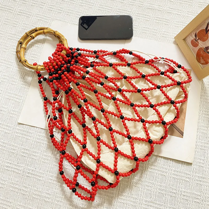 

Bamboo Handle Beaded Bags for Women Handbag Hollow Woven Clutch Handmade Large Capacity Travel Beach Women Bag Luxury Purse Tote