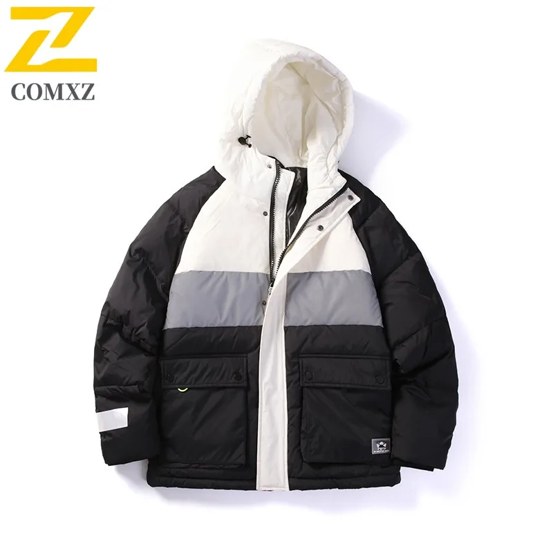 COMXZ Mens Bread Jacket Color Blocking Hooded Trendy Versatile Fit Camping Trip Puffer Jacket Travel High Quality Winter Jacket