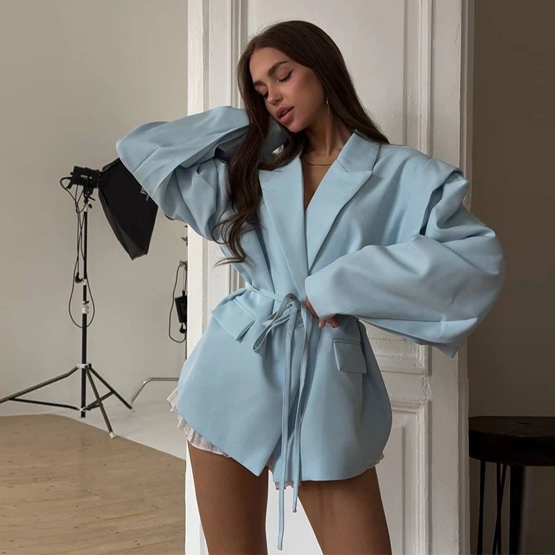 Elegant Commute Suit jacket Female Lace-Up Loose Pocket Patchwork Lapel Party Looks Outwear For Women Bandage Coat jacket 2025