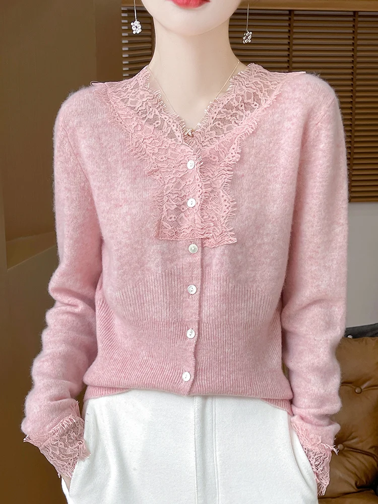 

Spring Autumn French Style Soft Gentle Lace V-neck Sweater Women's 100% Merino Wool Knitted Cardigan Slimming Elegant New Tops