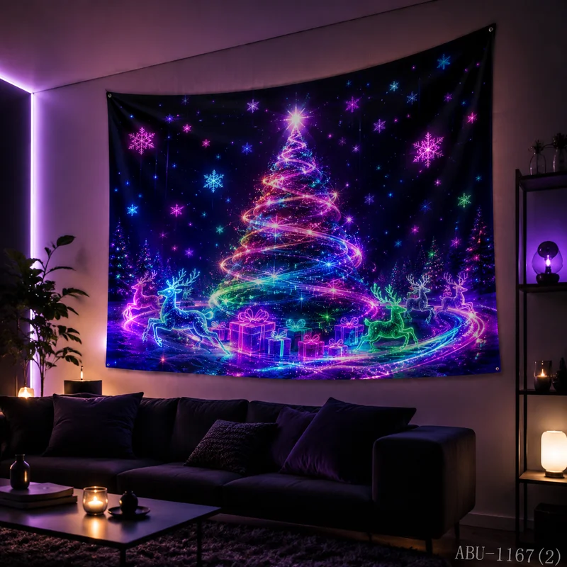 VIKAMA Neon Light Track Spiral Christmas Tree Elk Christmas Tapestry, HD Fabric, Dynamic Spiral Festive Room Decor