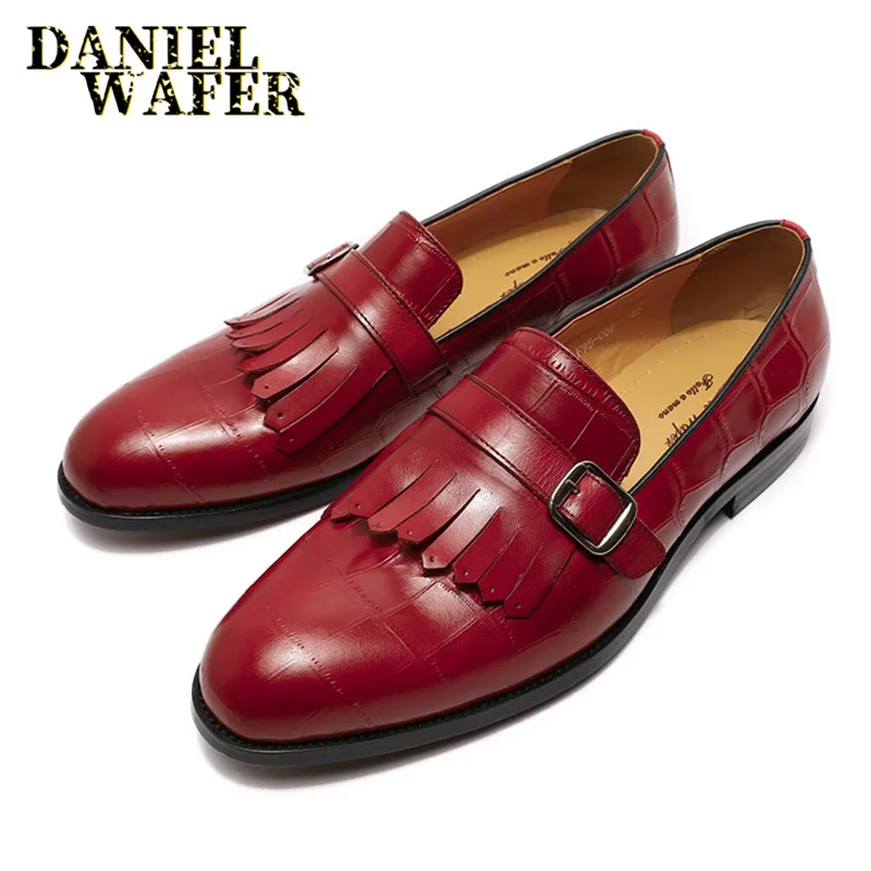Luxury Men's Loafers fashion Casual Men Dress Shoes Handmade stone Print Buckle Strap Slip On Black Red Genuine Leather Shoes