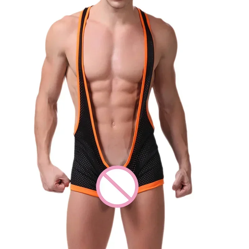

Mesh Breathable Casual Comfortable Mens Jumpsuit Contrasting Color Transparent Sexy Bodysuit Boxer Wrestling One-piece Underwear