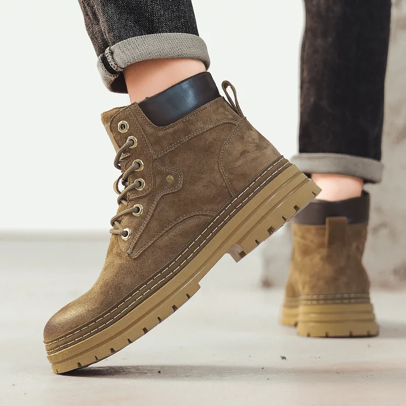 

Модные мужские мотоциклетные ботинки цвета хаки, повседневные рабочие ботинки на платформе, мужская уличная байкерская обувь, мужские кожаные ботильоны для мужчин