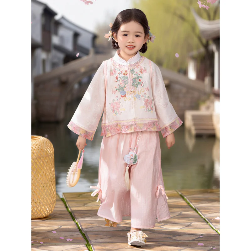 Girls' Hanfu Set for Spring and Autumn Daily Wear, Chinese Style Children's Tang Suit, Traditional New Chinese Style High-End Ba
