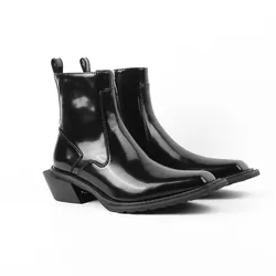 Man Genuine Leather Chelsea Boots Black Men Knight Boot Square Toe Male Motorcycle Boot