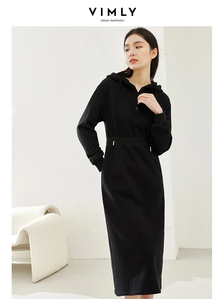 Vimly Black Hooded Sweatshirt Dresses for Women 2023 Winter Fleece Thicken Warm Straight Pockets Midi Dress Female Clothes M3715