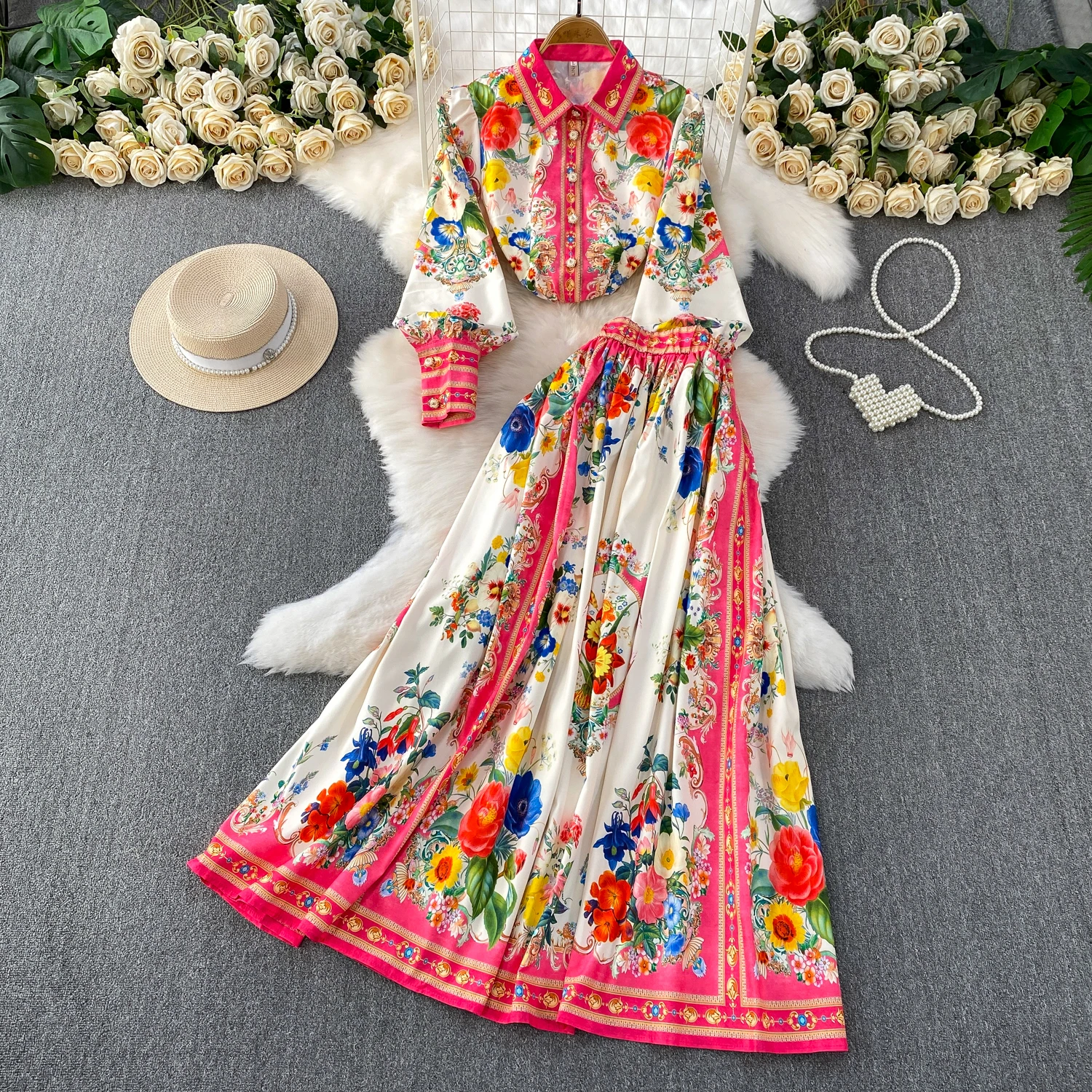 

Autumn Printed Skirt Two-piece Set Lapel Long Sleeved Shirt A-line Skirts Matching Sets French Elegant Vacation Women's Suit