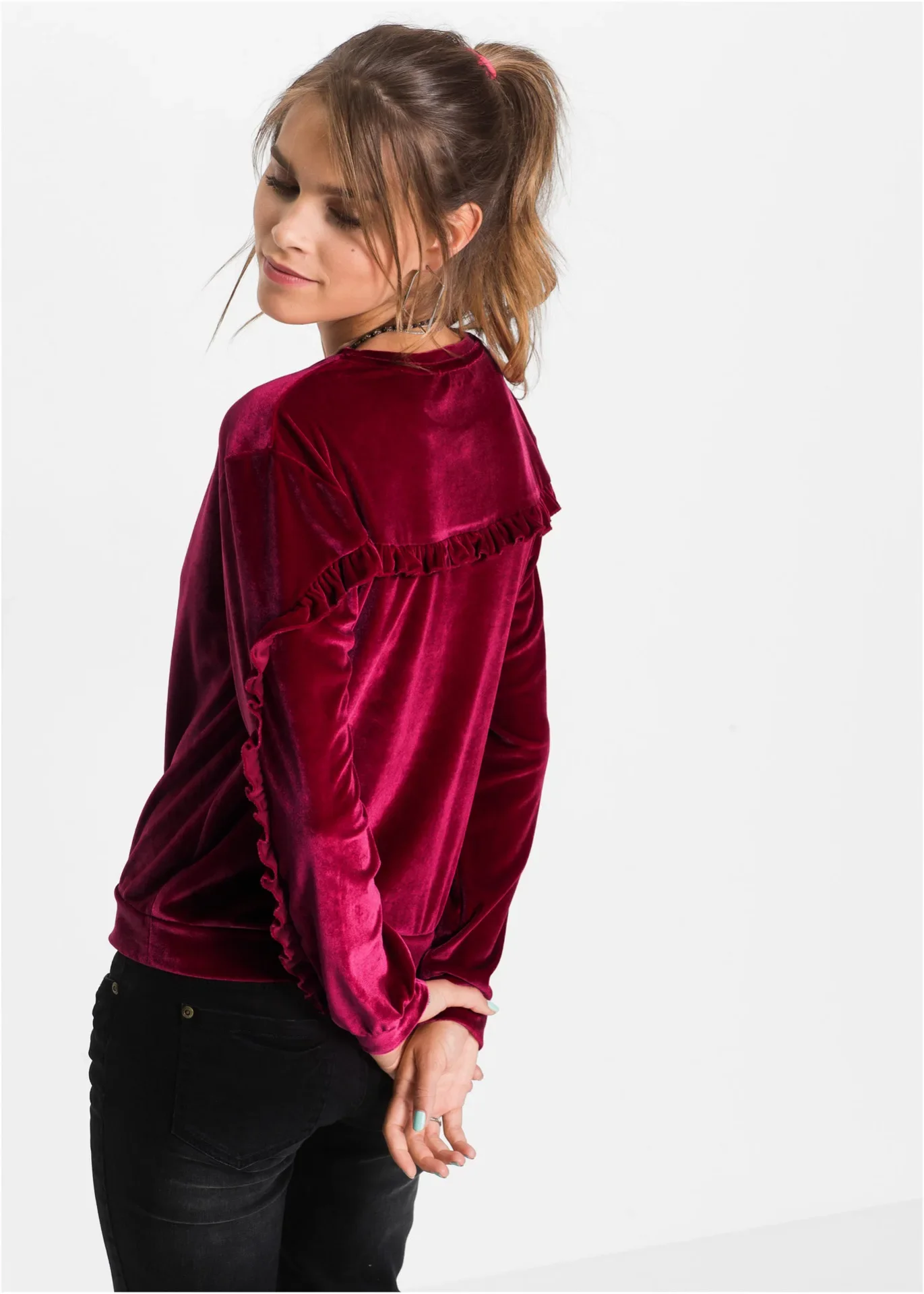 2024 New Fashion Velvet Top girocollo Casual Versatile autunno/inverno Top maglione a maniche lunghe con bordo volant in velluto dorato