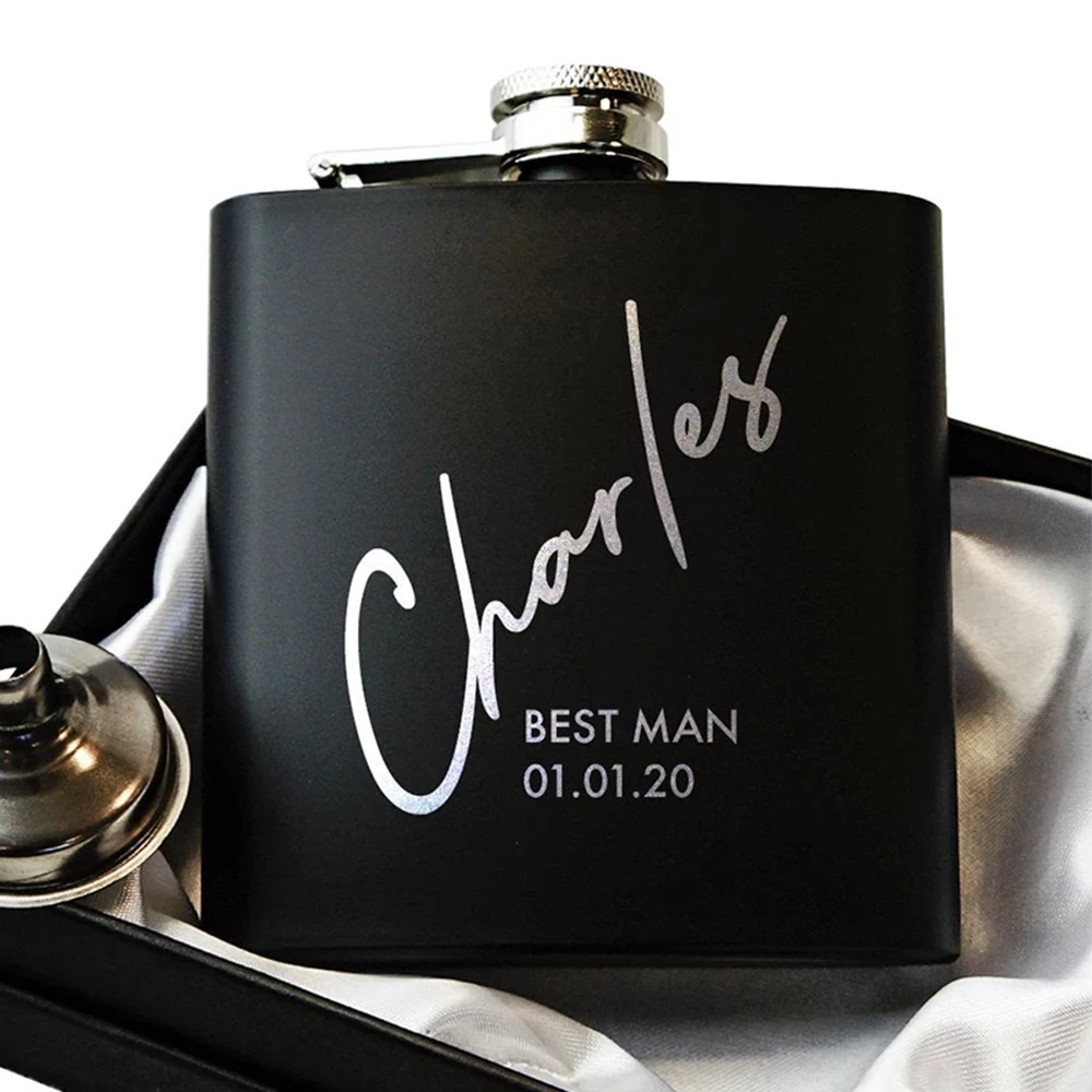 Personalized Groomsmen Flasks Custom Engraved Flask 6OZ Whiskey Alcohol Bottle For Groomsmen Gifts Black Hip Flask Wedding Party