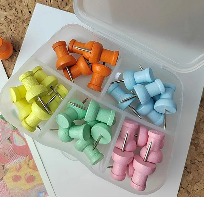 30pcs Colored wooden I-nail, solid wood push pin, soft wood board, small press nail, photo fixing