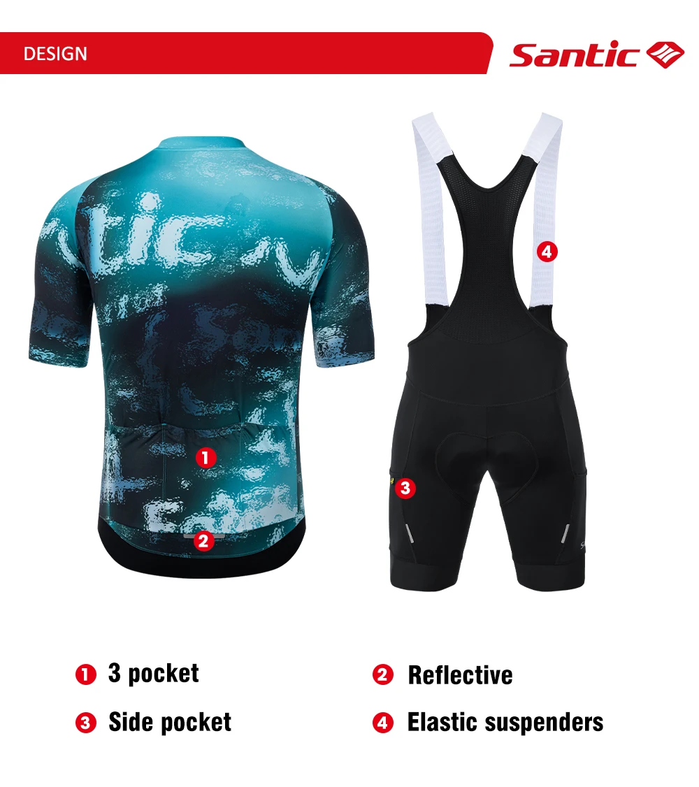 Santic Herren Sommer Kurzarm-Radtrikot mit Trägerhose Set Atmungsaktive Schnelltrocknende Rennrad-Fahrradbekleidung KM26CT105 – Detail 2