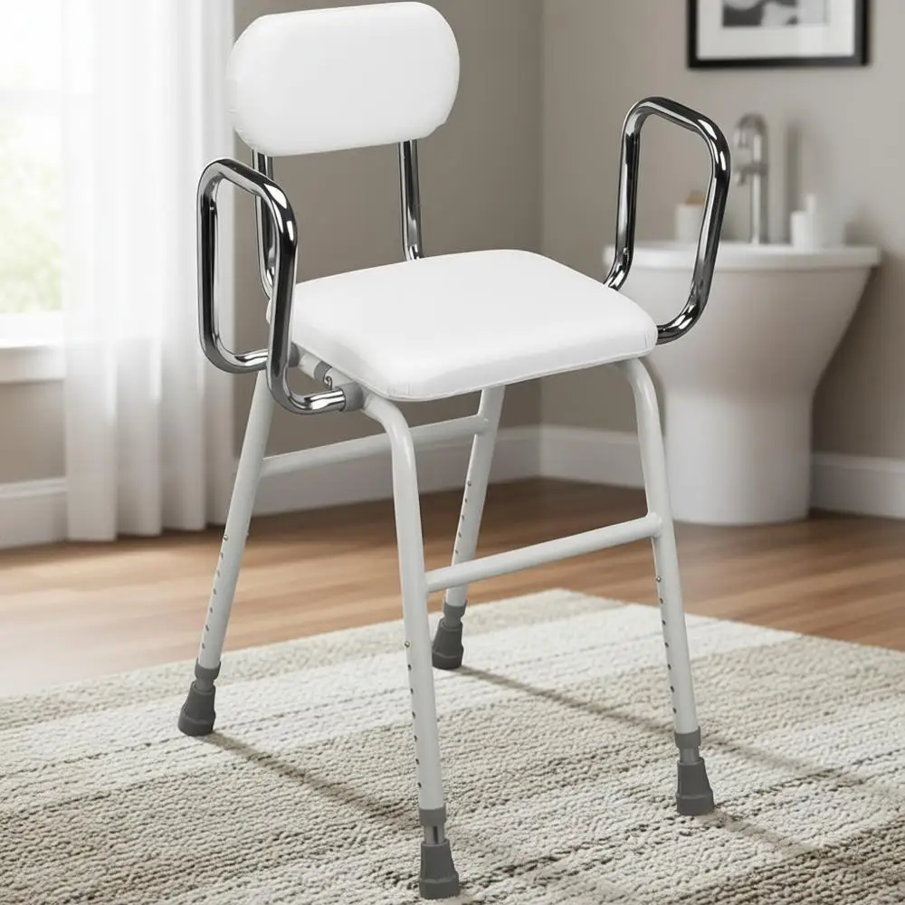 

White Ergonomic Adjustable Stool with Backrest and Armrests