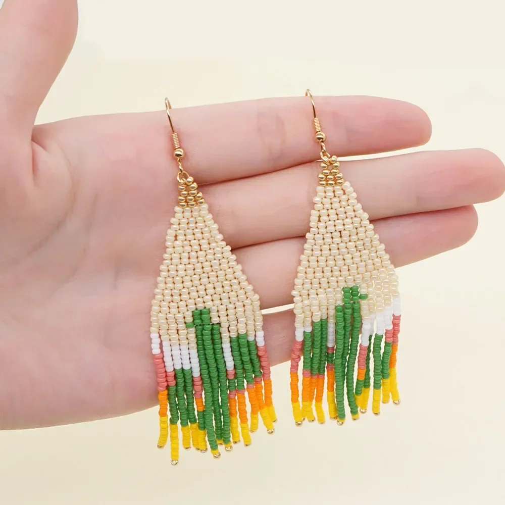 ZGMXR Cactus Rice Bead Earrings Hand Knitting Bohemia Fashion Simple Ma'am Fringe Alloy Design Originality Beading