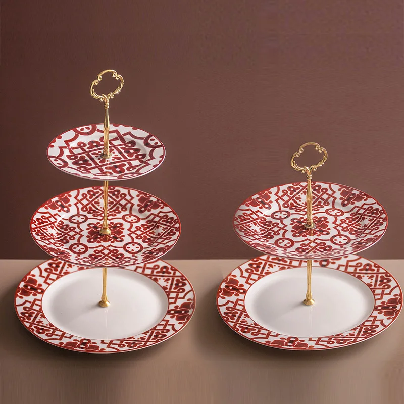 Double dessert table, three-layer dim sum plate red festive ceramic string  wedding household cake fruit plate string plate