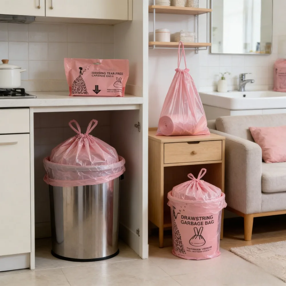 1 Roll 50 Count Pink Rose Scented Hanging Trash Bags, Aesthetic Girly Wall Mount Disposable Garbage Bags, Tear-Free Drawstring Rubbish Bags for Makeup Vanity Bedroom Dorm Girls Beauty Waste Storage