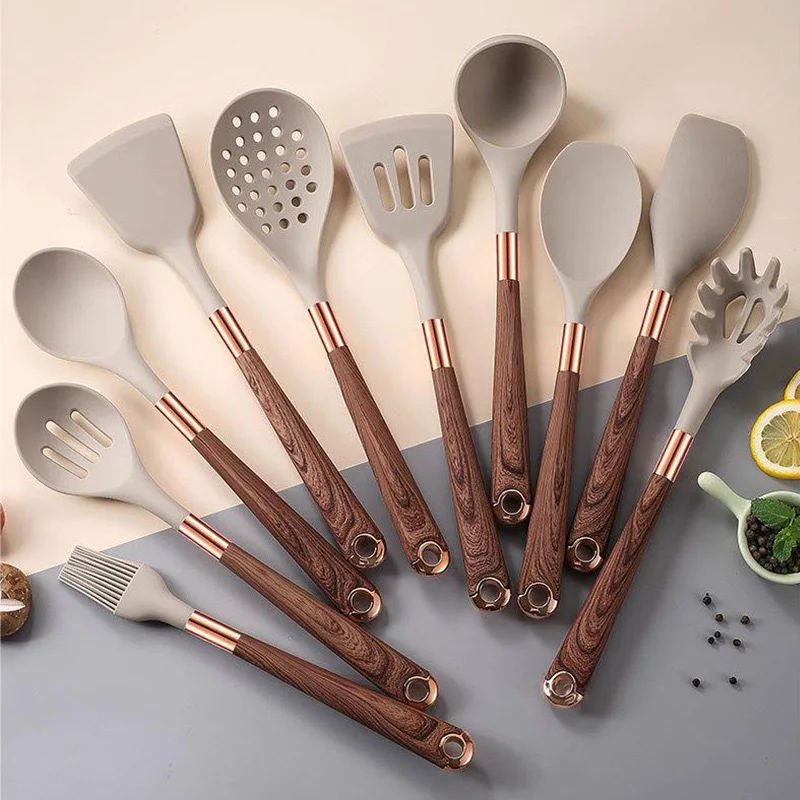 

New Silicone Kitchenware 11-piece Set Including Storage Bucket Gold-plated Wood Grain Handle Non-stick Cooking Spatula
