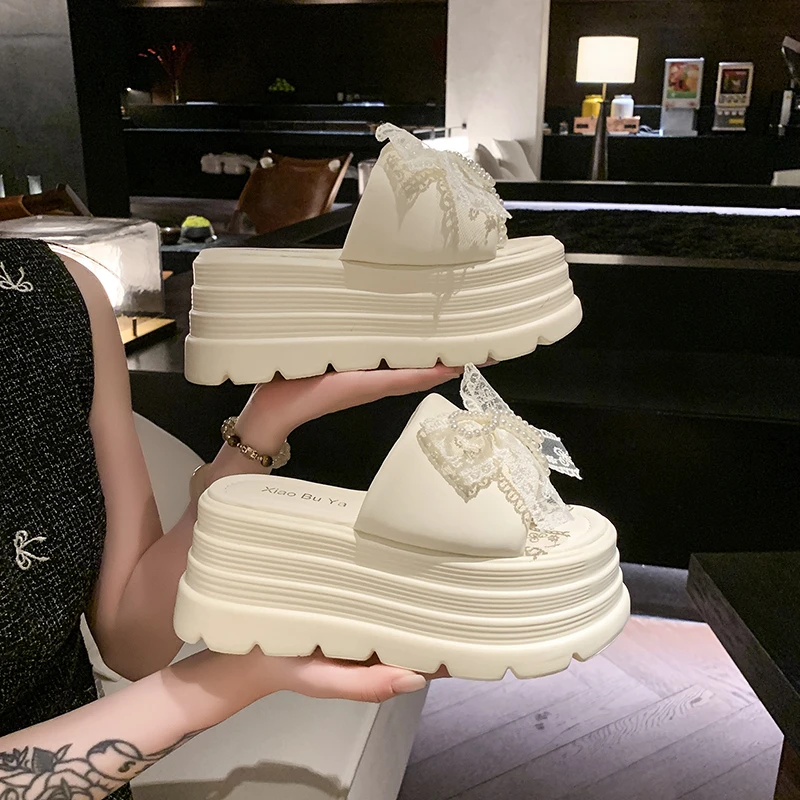 

8CM Women Bling Chunky Slippers Summer Ladies Beach Flip-Flops Wedges Heels Outside Sandals Woman High Platform Leather Shoes