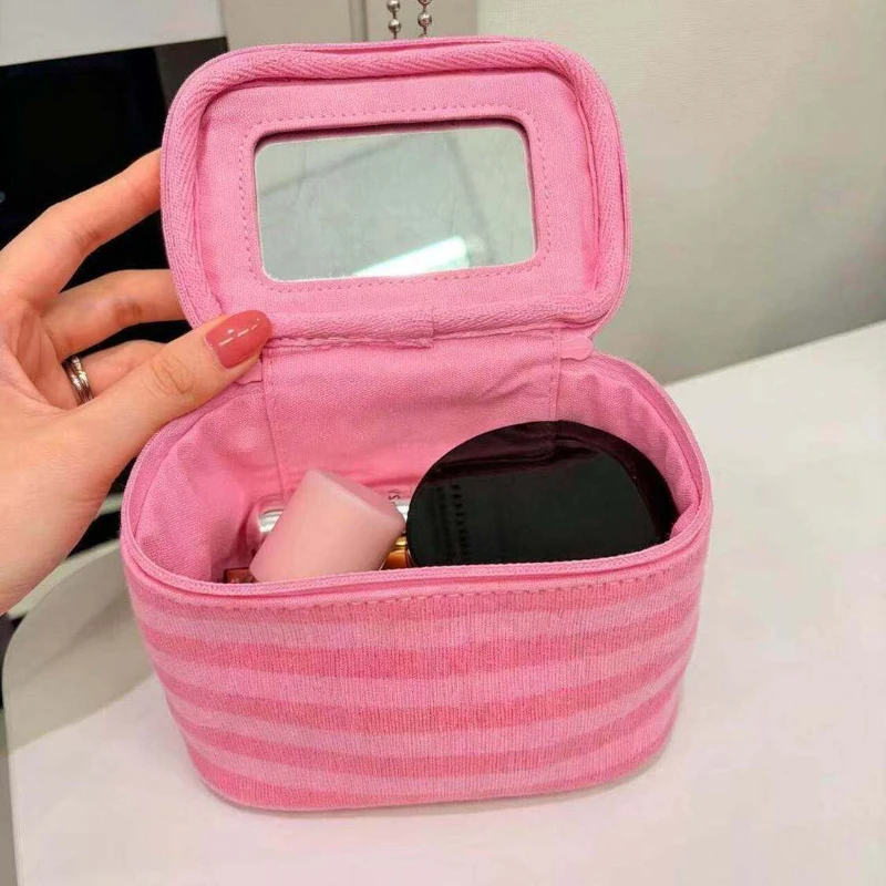 Koreanische Rosa Gestreifte Kosmetiktasche mit Spiegel, Niedliche Mini-Kosmetik-Aufbewahrungstasche, Tragbarer Reise-Beauty-Organizer für den täglichen Gebrauch von Mädchen – Detail 19