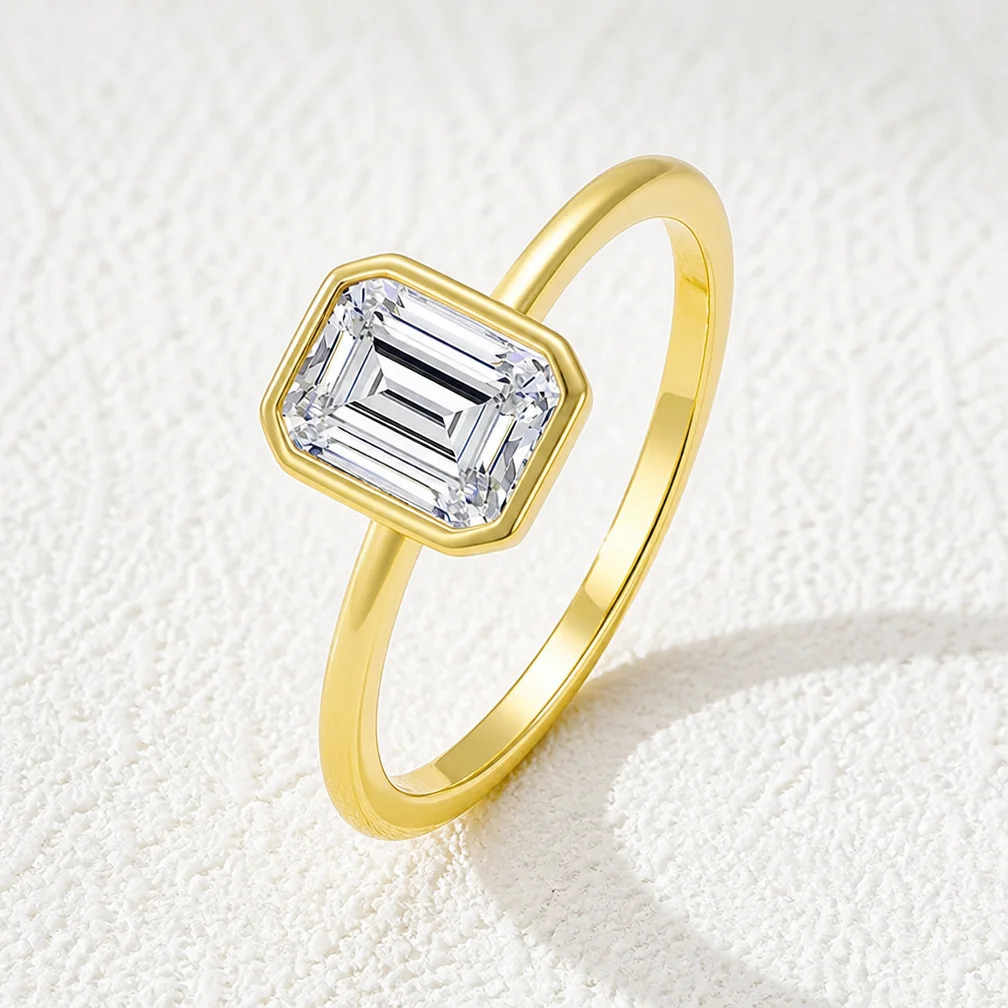 925 Sterling Silver 14K Gold Plated 1CT Emerald Cut Moissanite Ring Bezel  Solitaire Women Engagement Wedding Promise Ring GRA