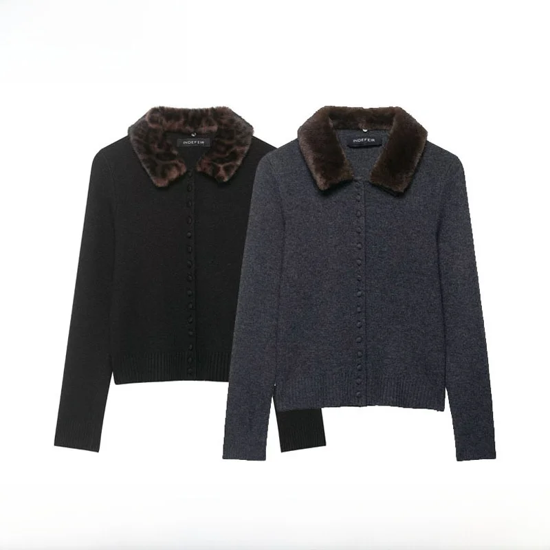Fashionable Artificial Fur Effect Knitted Coat Collar Zipper Women's Autumn Winter New Arrival ZR Style Long Sleeve Polyester