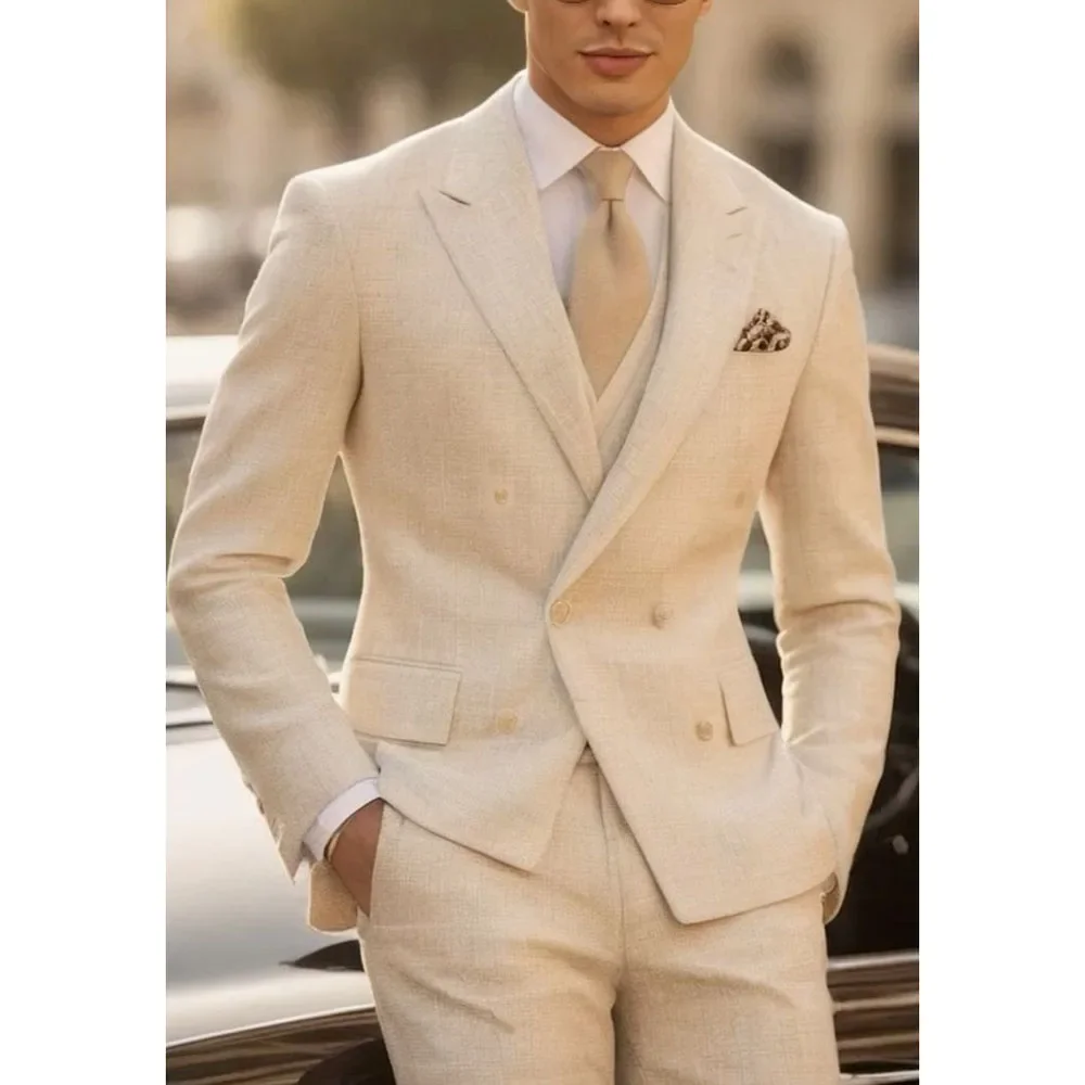 Summer Linen Men Suits 3 Piece (Blazer+Vest+Pants) High Quality Peak Lapel Double Breasted Suit Smart Casual Wedding Tuxedo