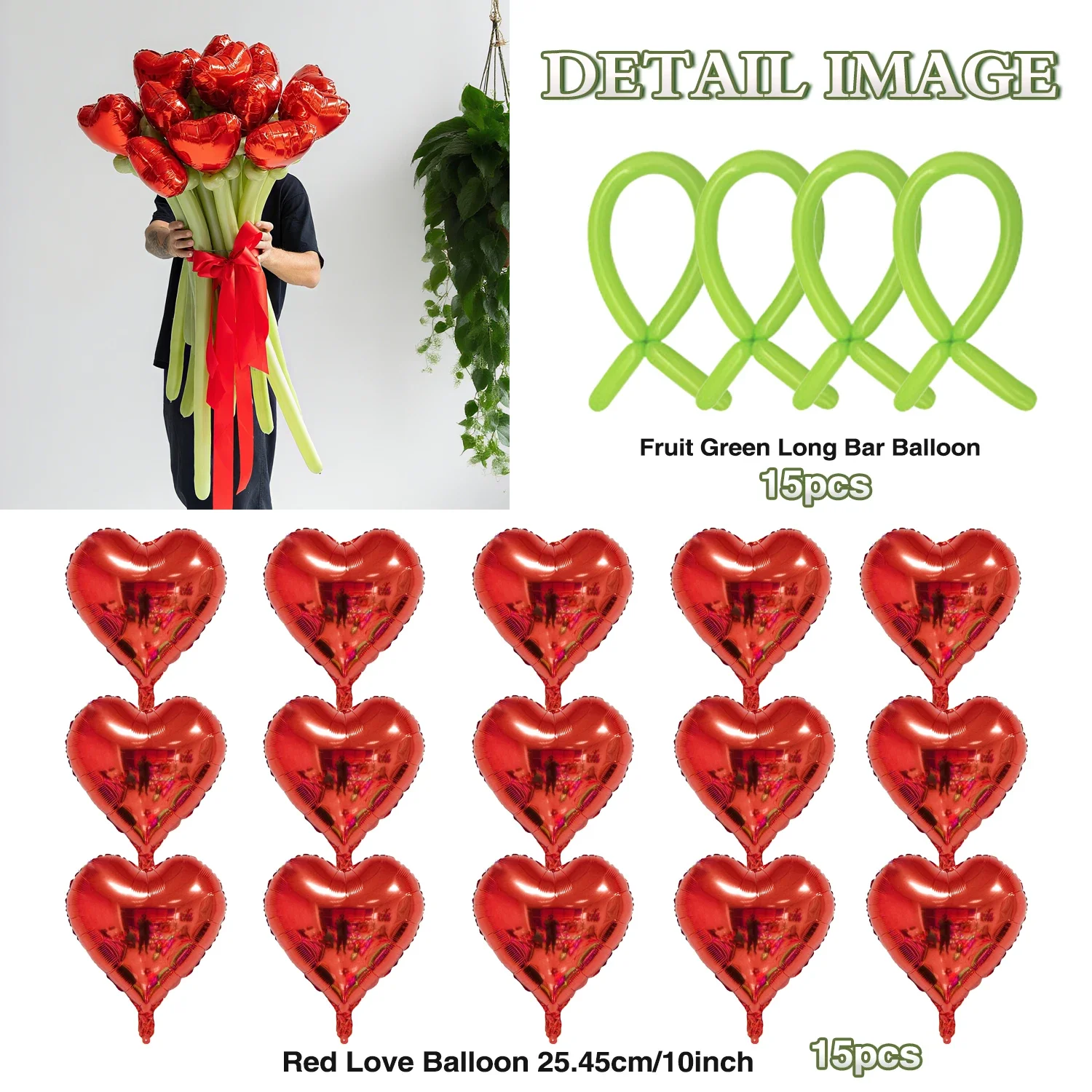 Liebesballon-Blumenstrauß-Set, rote und grüne Latex-DIY-lange Luftballons für Jahrestag, Hochzeit, Valentinstag, Geburtstagsfeiern – Detail 8
