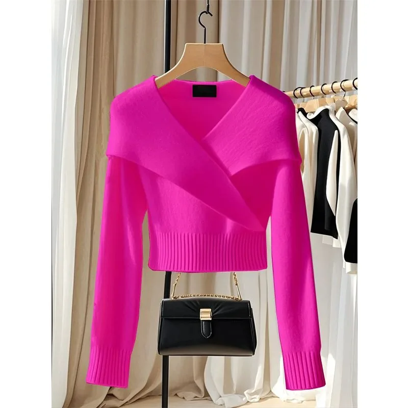 Temperament Celebrity Lapel Collar Knitted Sweater Pullover Women's 2024 Autumn New Long-sleeved V-neck Cropped Top