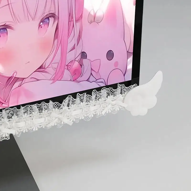 New Screen Decor Color Lace Monitor Trim With Plush Angel Wings Sweet Aesthetic