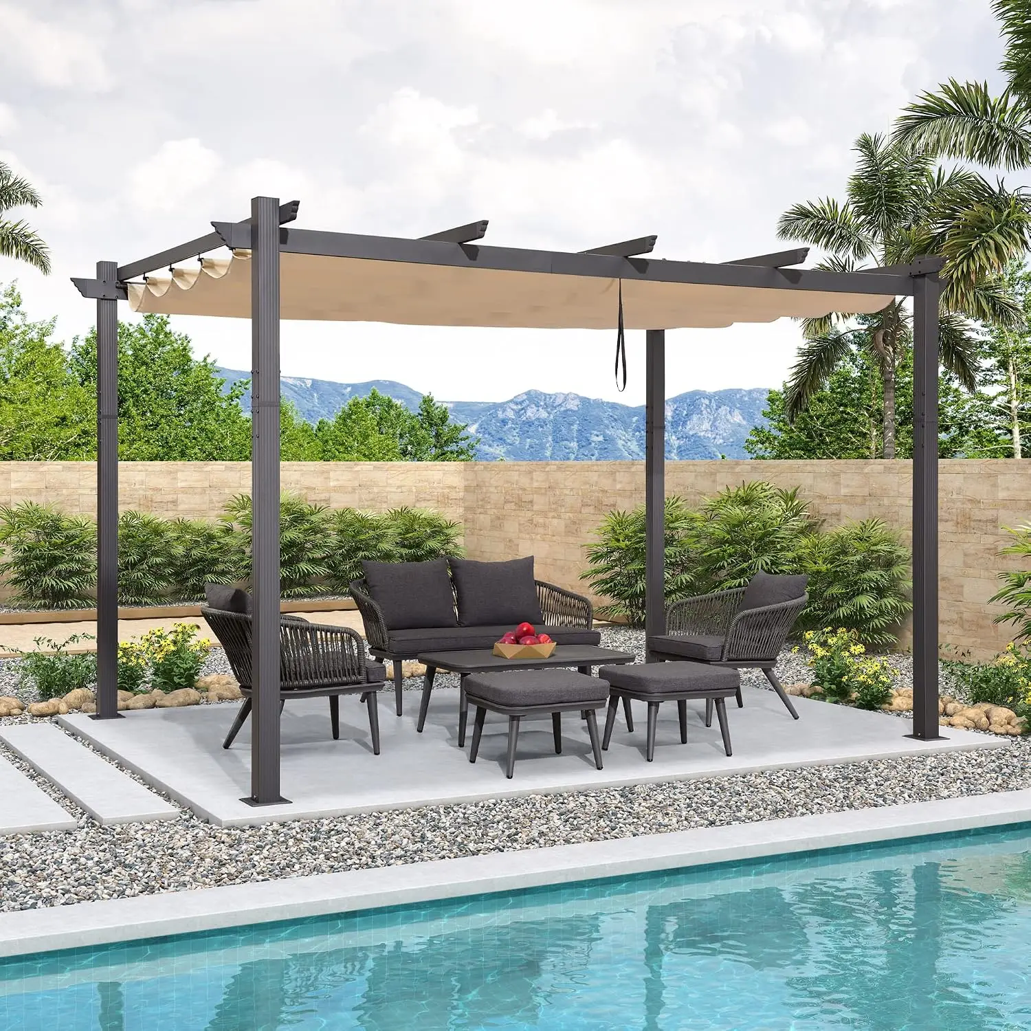 Outdoor Pergola 10' X 13' Retractable Beige Canopy Aluminum Sliding Shade Easy Care Thick Posts Strong Durable, Customized