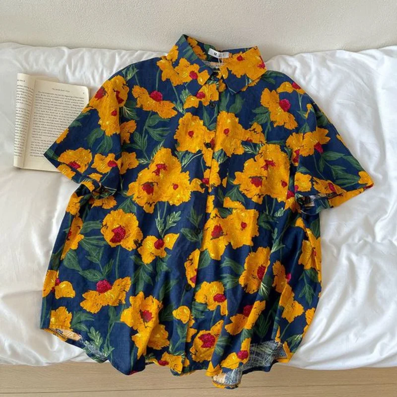 Print Shirts Women Clothing Baggy Vintage Aesthetics Summer Cozy Hawaiian Personal Harajuku Unisex Japanese Teens High Street