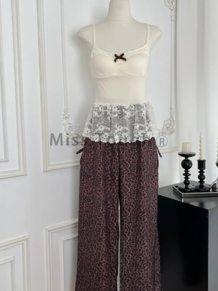 Autumn Winter Chic Thin Knit 3-piece Set Women France Design Long Sleeve Knitwear + Bow Lace Sling Leopard Print Trousers New