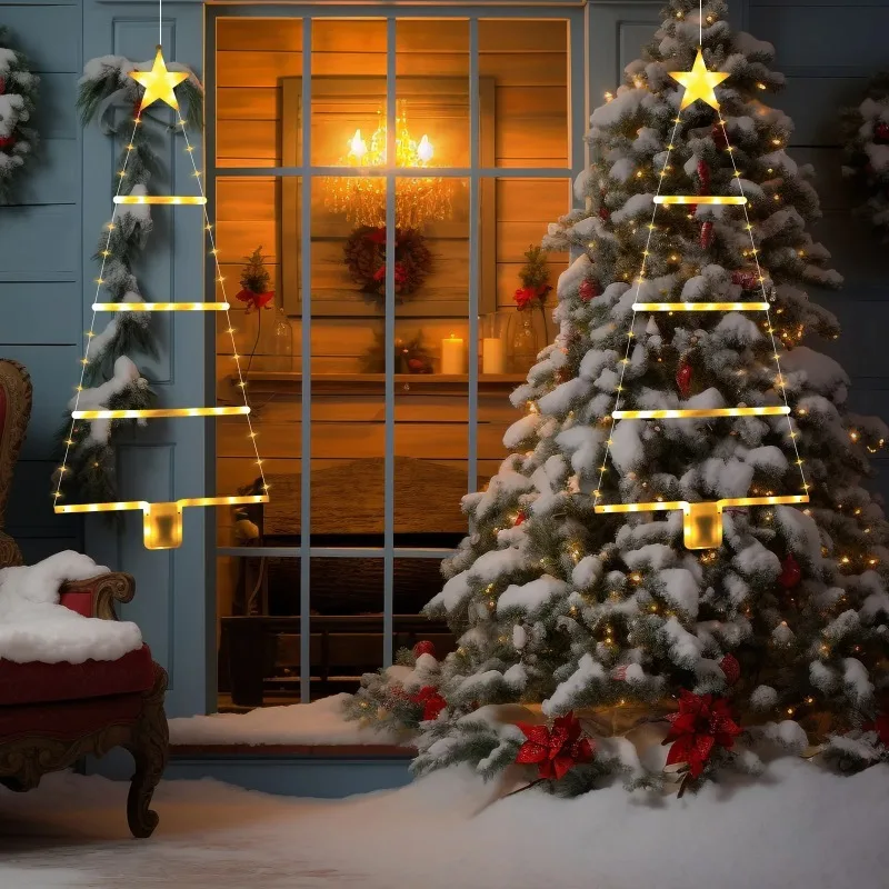 Multicolor Christmas Tree Hanging Light Battery Powered LED Star Outline For Window Wall Fireplace Party And Seasonal Decor
