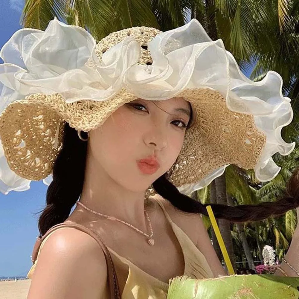

Portable Lace Pearls Sun Cap Breathable Polyester Straw Weaving Beach Hat French Style Cotton Big Brimmed Woven Cap Seaside