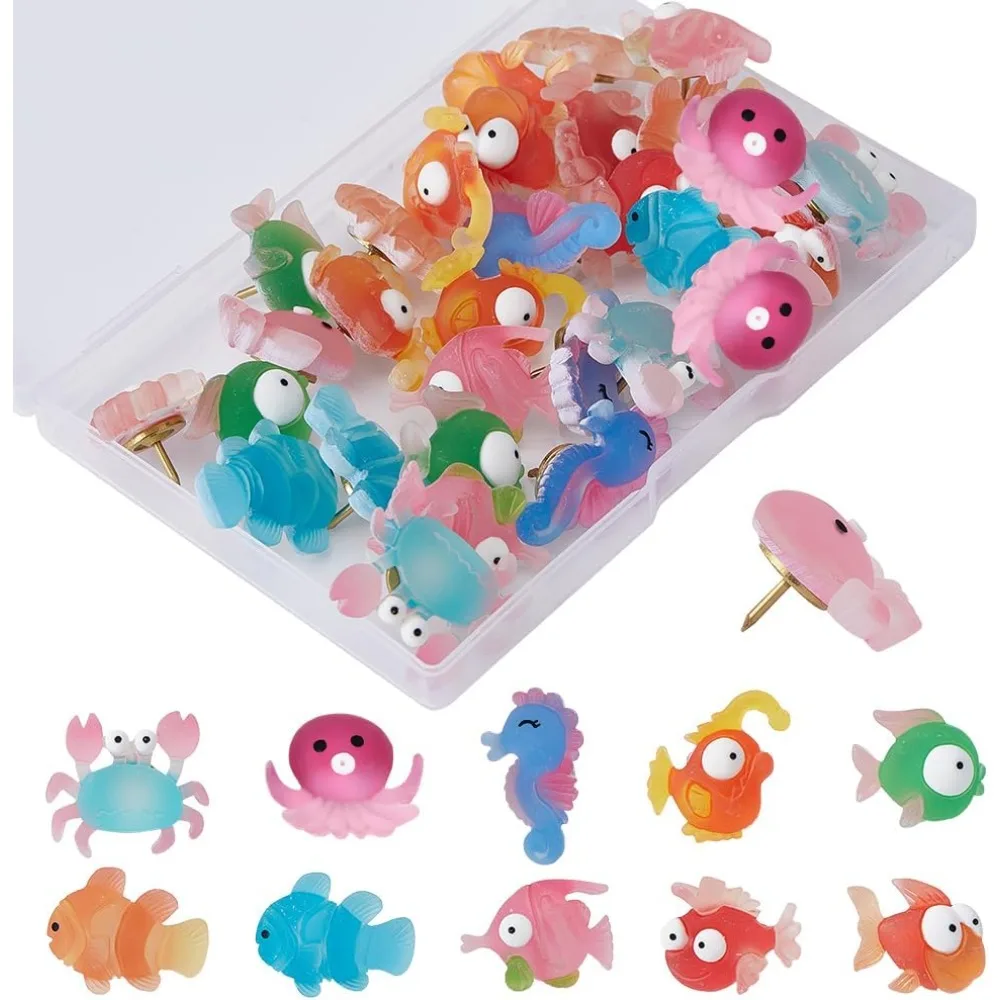 

30Pcs Cartoon Sea Animl Push Pins Decorative Resin Push Pins for Cork Board Fish Thumbtacks Crab Octopus Thumb Tacks Bulletin