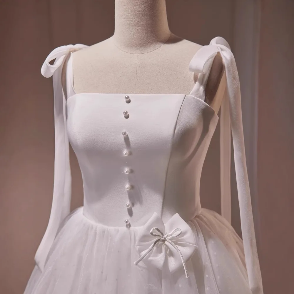 Temperament Socialite Birthday Party Dresses Sleeveless Lace-Up Straps 3D Bow High Waist Mesh Fluffy White Wedding Dress Women