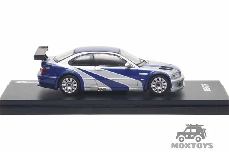 AR Box 1:64 M3 E46 فضي مع شرائط زرقاء NFS Diecast Model Car #2