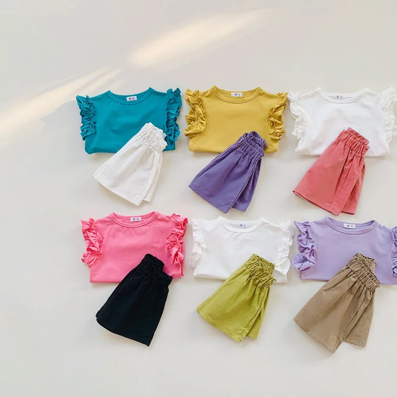 Girls' Summer Flounced Sleeve Short Sleeve T-shirt with Bud Shaped Waist Shorts Candy Color Fresh Set