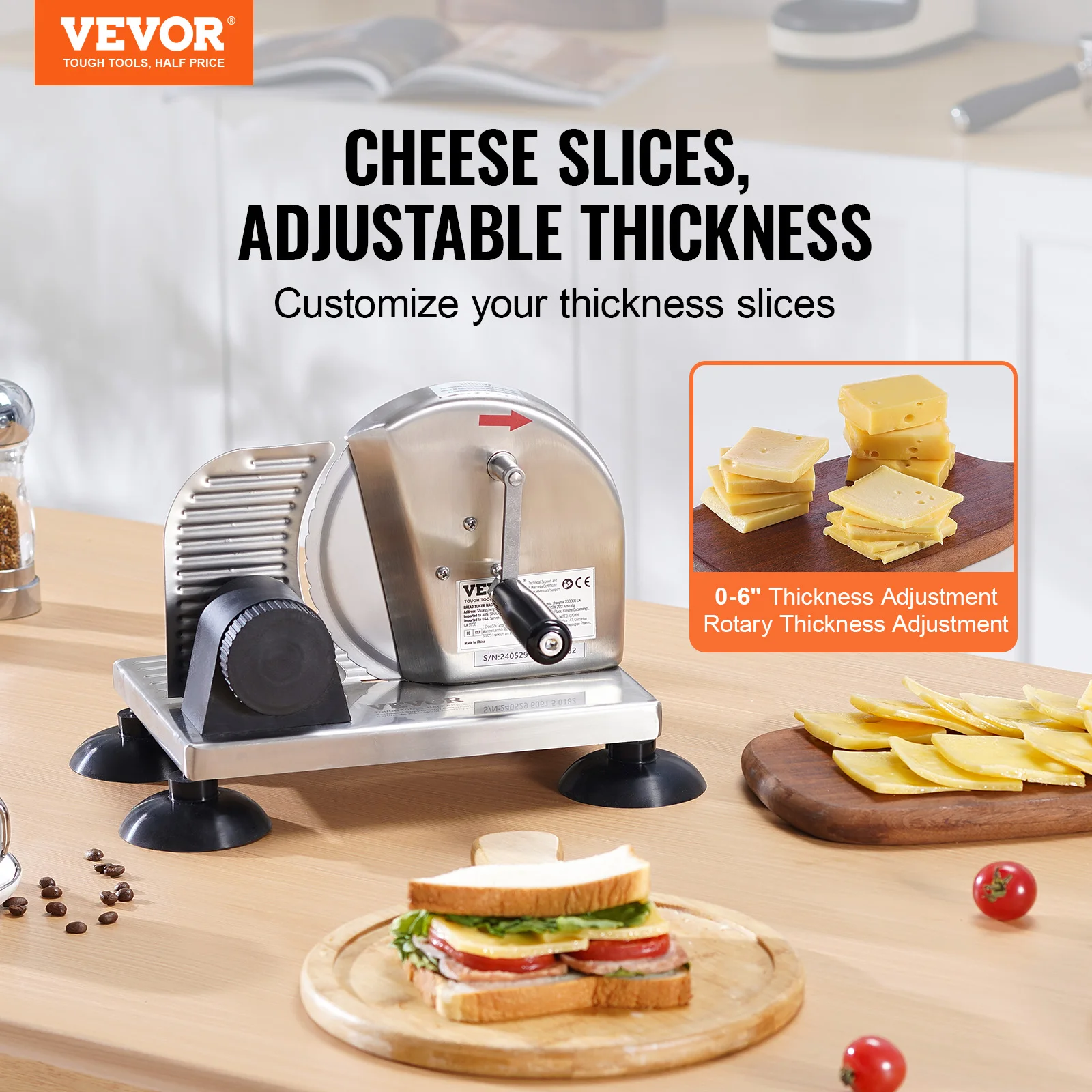 VEVOR Manual Bread Slicer Adjustable Cheeser Butter Bread Cutting Micro-Serrated Stainless Steel Blade Commercial Cheese Slicer