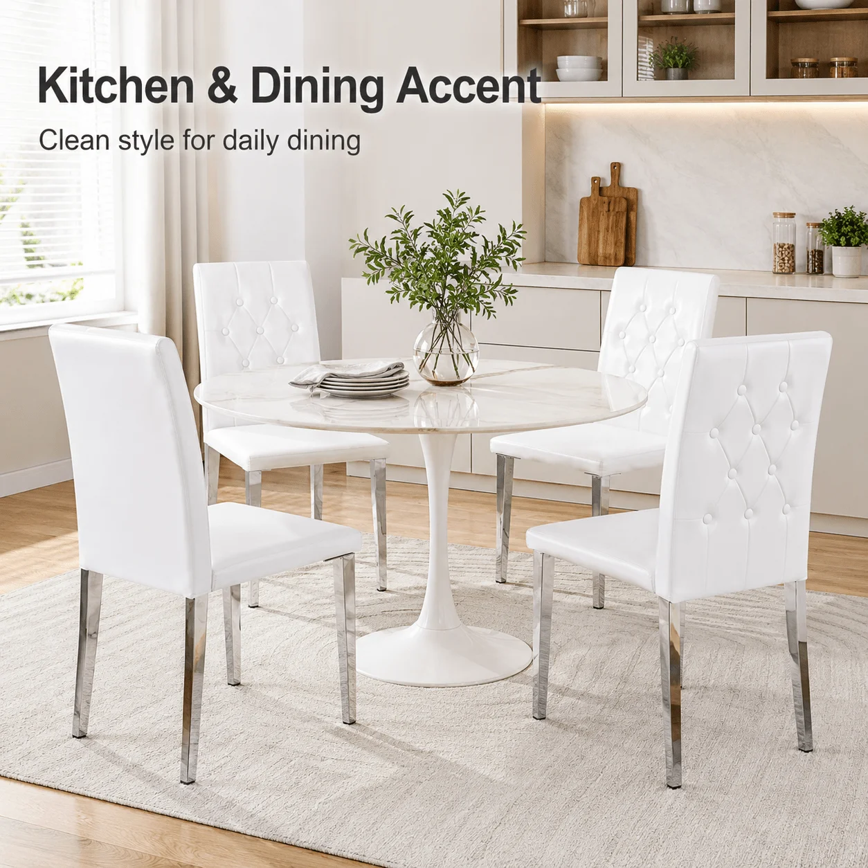 Ensemble de 4 chaises de salle à manger avec dossier, métal/cuir PU, blanc/argent, 42 x 46 x 89 cm, idéal pour salle à manger, cuisine, salon