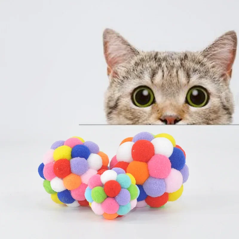 Cat Toys Cat Plush Ball Toy Pet Elastic Bell Ball Self Hi Ball Playing Cat Colorful  Woolen Ball Cat Toys Interactive