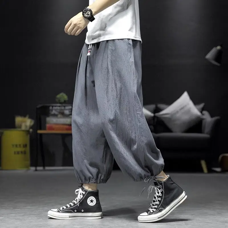 Drawstring Cuffs Men Pants Spring Summer Linen Trousers Male Casual High Street Y2K Chic Patalon Japan Harajuku Style Moto Biker