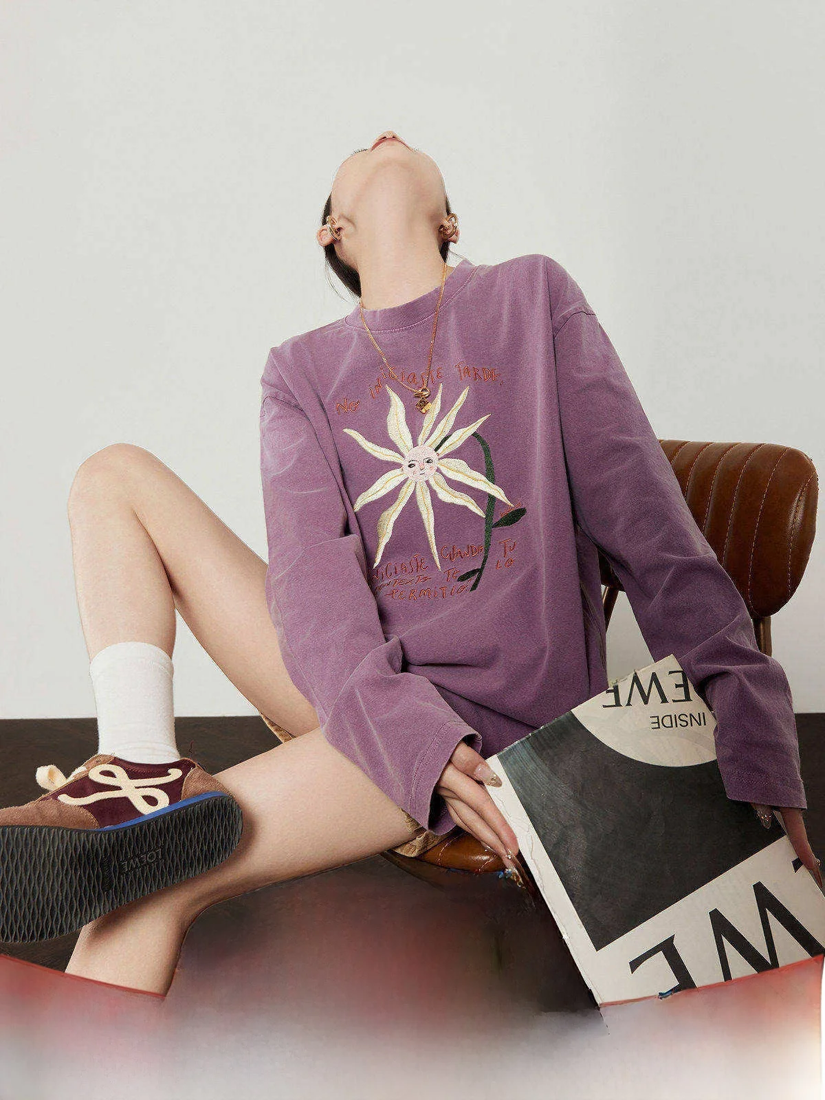 

Loose Long Sleeve Purple T-Shirt Women's Spring New Style Casual Embroidery Flower Face Slimming Effect Pure Cotton Comfortable