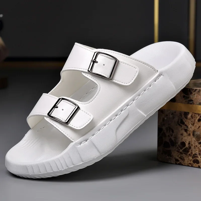 Nova fivela designer chinelos para homens verão moda casual cor sólida ao ar livre sapatos de praia masculino anti-deslizamento sandálias de couro homem