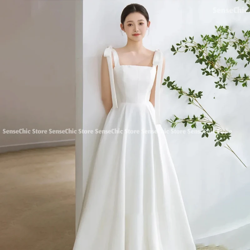 

Bow Wedding Dresses Satin Square Collar A-Line Korea 웨딩드레스 Off The Shoulder Simple Party Elegant Bride Dress Customized