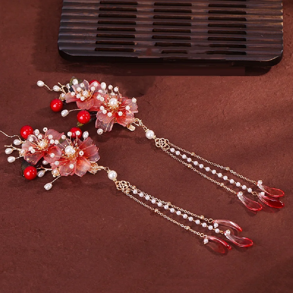 Fairy Pearl Hair Clips Girls Chinese Hanfu Hair Accessoreis 2PCS Tassel Floral Bride Retro Hairpin Vintage Tiaras Jewelry Bijoux