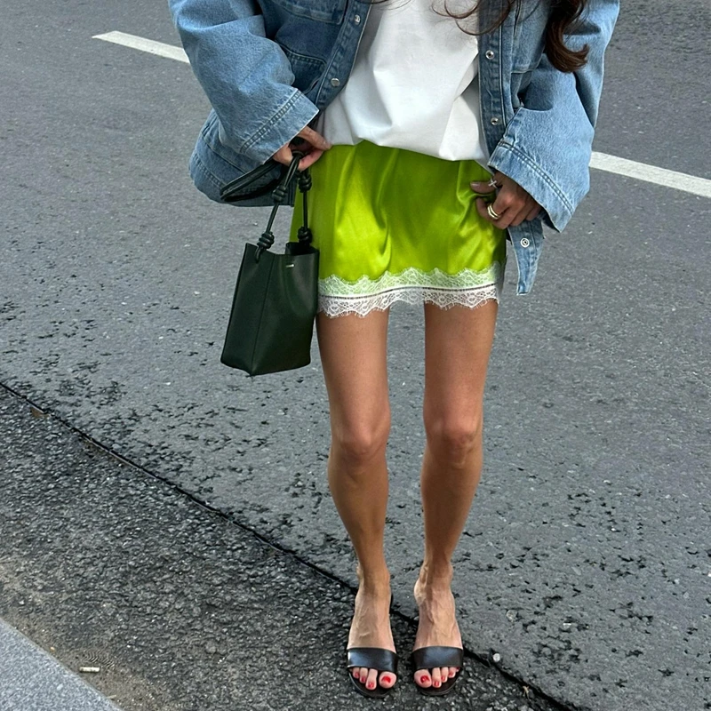 

Combhasaki Women Summer Chic Fairy Floral Lace Hem Patchwork Satin Silky Elastic Low Waist Short Mini Pencil Skirts Streetwear