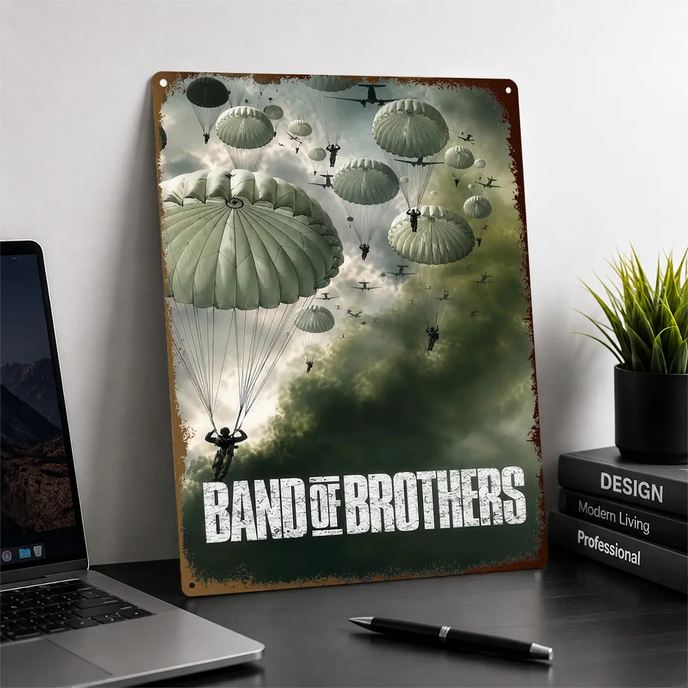 Band Of Brothers Airborne Descent Textured Poster Customized Metal Tin Sign Armored Battle Tribute Wall Art History Room Decor